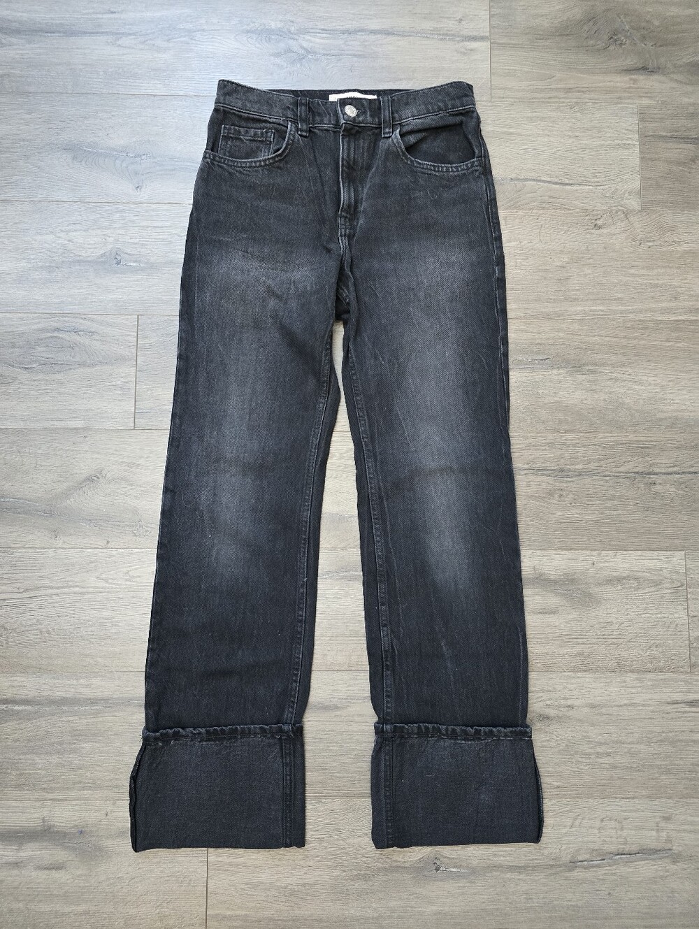 MNG high-waisted, straight-leg jeans faded black or dark gray wash Size 2 Cuffed